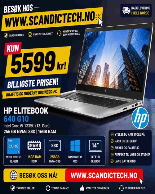 HP EliteBook 640 G10 Intel Core i5-1335U (13. Gen) | 256 GB NVMe SSD - 16GB RAM – Kraftig og moderne business-PC