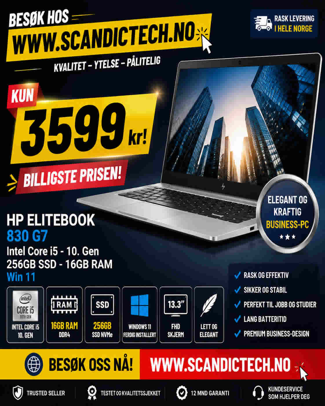 HP EliteBook 830 G7 Intel Core i5 - 10. Gen | 256GB SSD - 16GB RAM – Elegant og kraftig business - Win 11