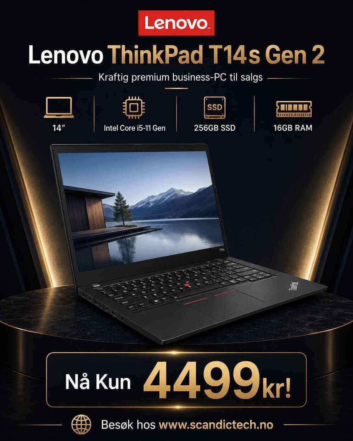 Lenovo ThinkPad T14s Gen 2 – Intel Core i5-11 Gen / 256GB SSD - 16GB RAM – Kraftig premium business-PC til salgs