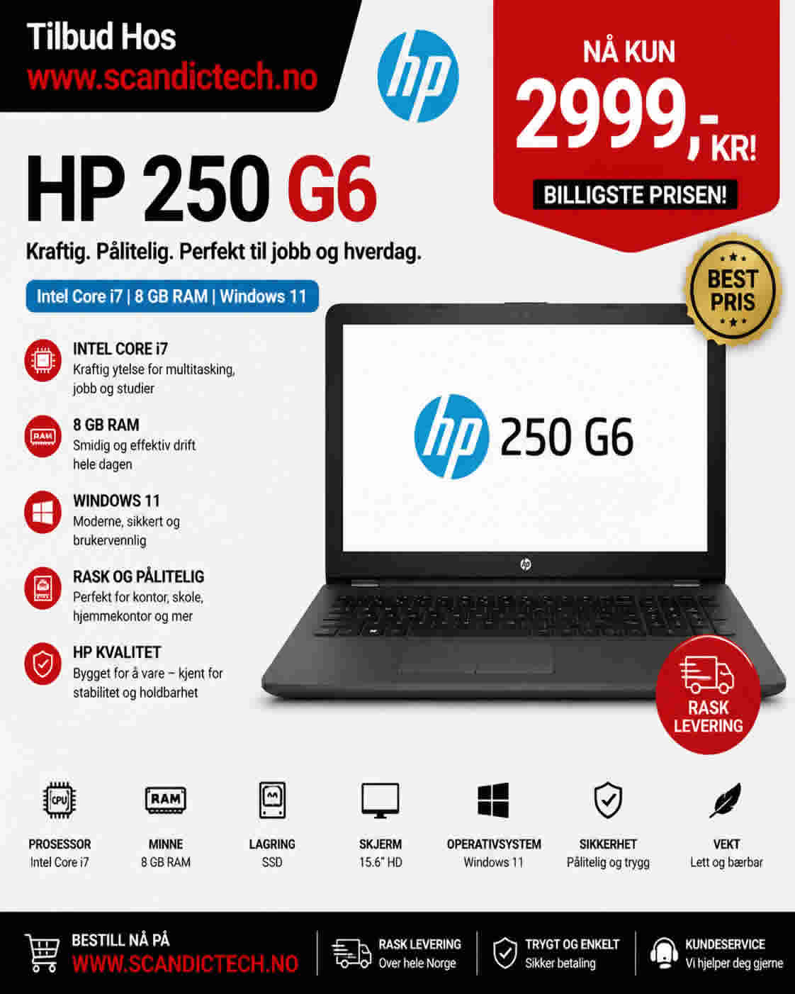 Billigste Prisen! HP 250 G6 – Intel Core i7 | 8 GB RAM | 256 GB SSD | Win 11