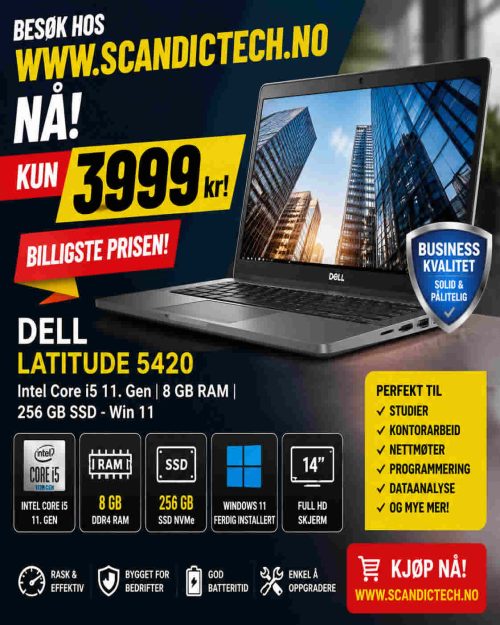 Dell Latitude 5420 – Intel Core i5 11. Gen | 8 GB RAM | 256 GB SSD – Kun 3.999 kr!