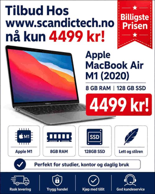 Apple MacBook Air M1 (2020) – 8 GB RAM | 128 GB SSD – Kun 4.499 kr!