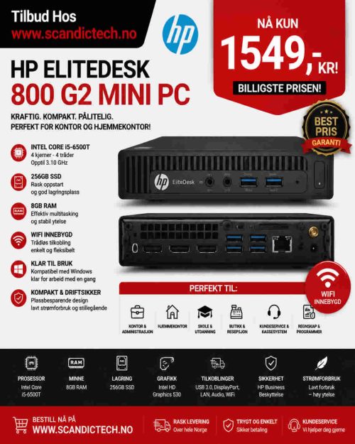 Billigste Prisen! HP EliteDesk 800 G2 Intel Core i5-6500T | 256GB SSD – 8GB Ram | Stasjonær Mini Pc – Wifi