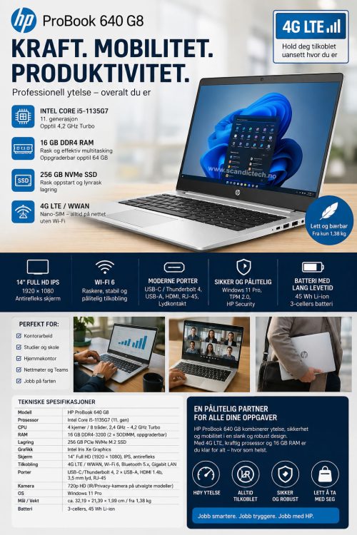 HP ProBook 640 G8 14″ 4G LTE bærbar PC i5-1135G7/16GB RAM/256GB SSD – Win 11 Pro