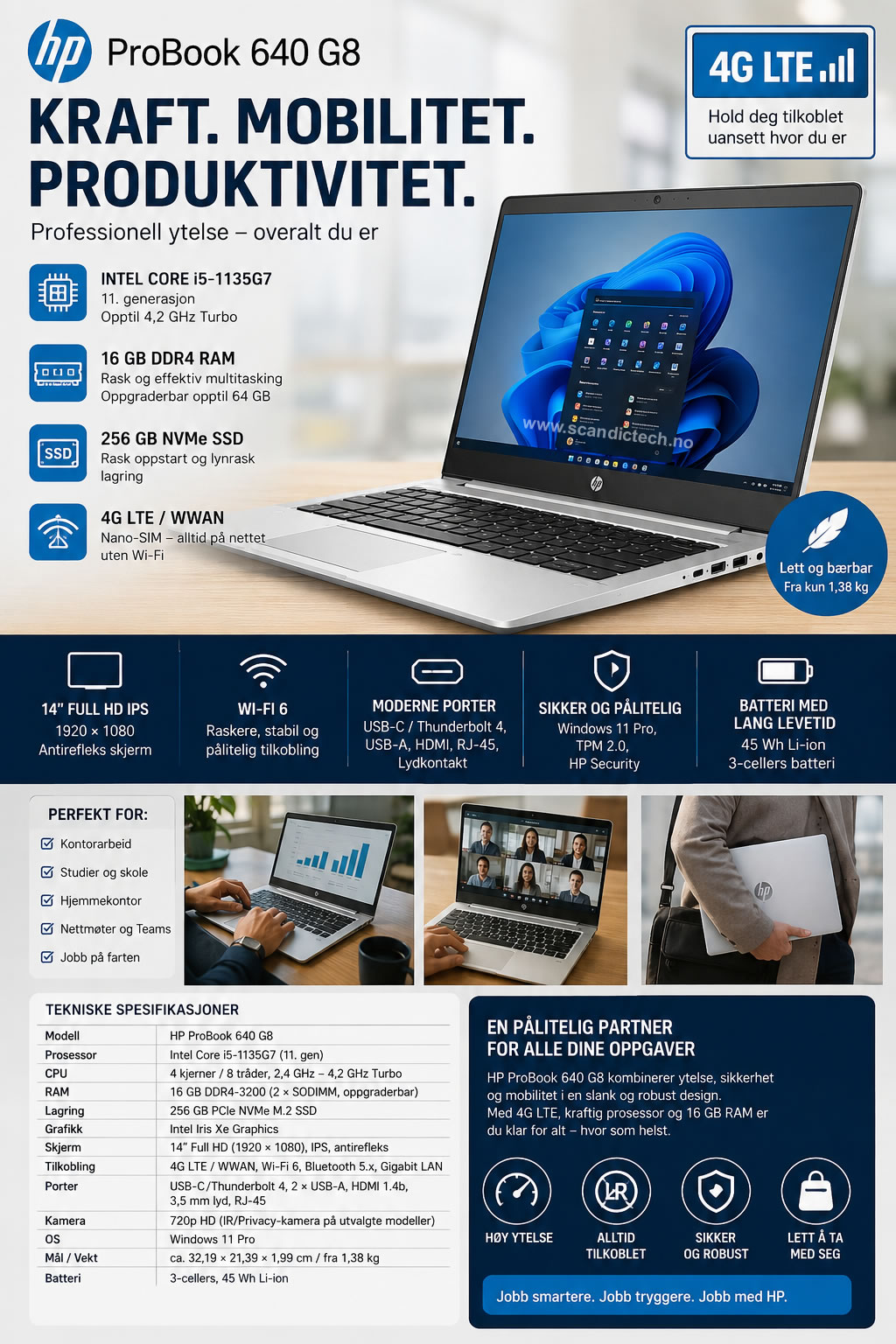 HP ProBook 640 G8 14″ 4G LTE bærbar PC i5-1135G7/16GB RAM/256GB SSD – Win 11 Pro