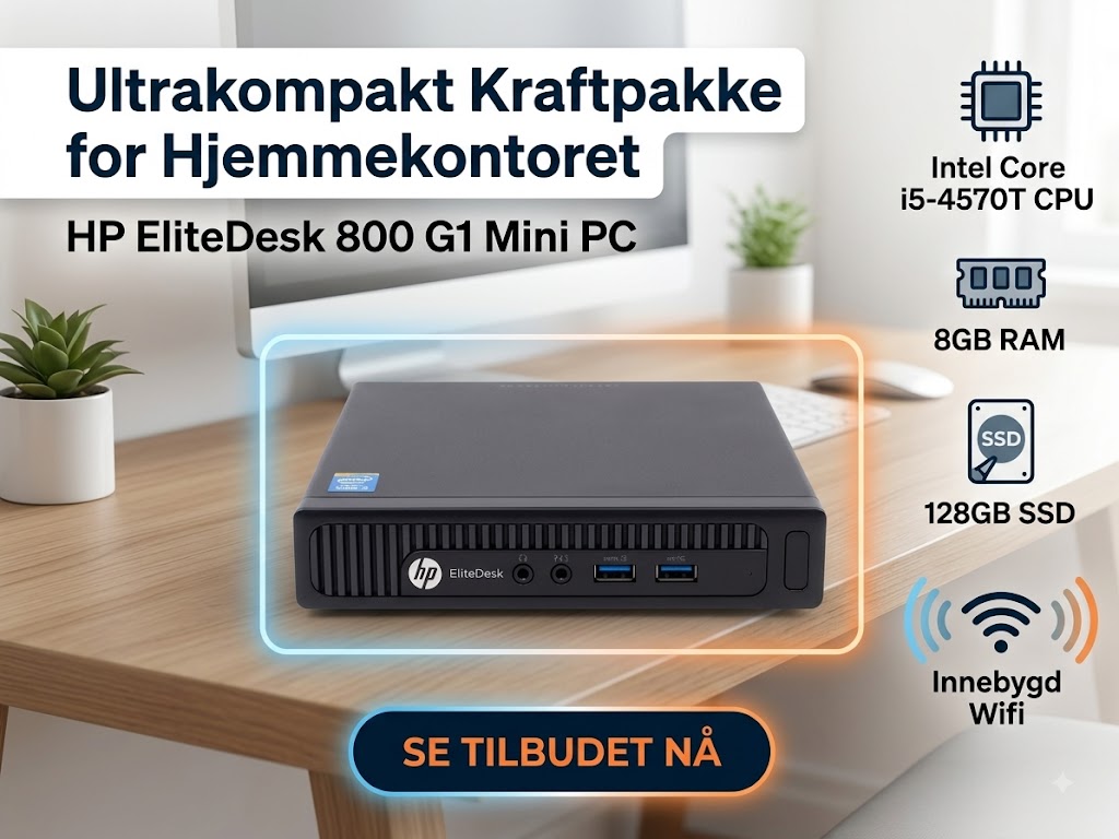 HP EliteDesk 800 G1 Intel Core i5-4570T | 128GB SSD - 8GB Ram | Stasjonær Mini Pc - Wifi