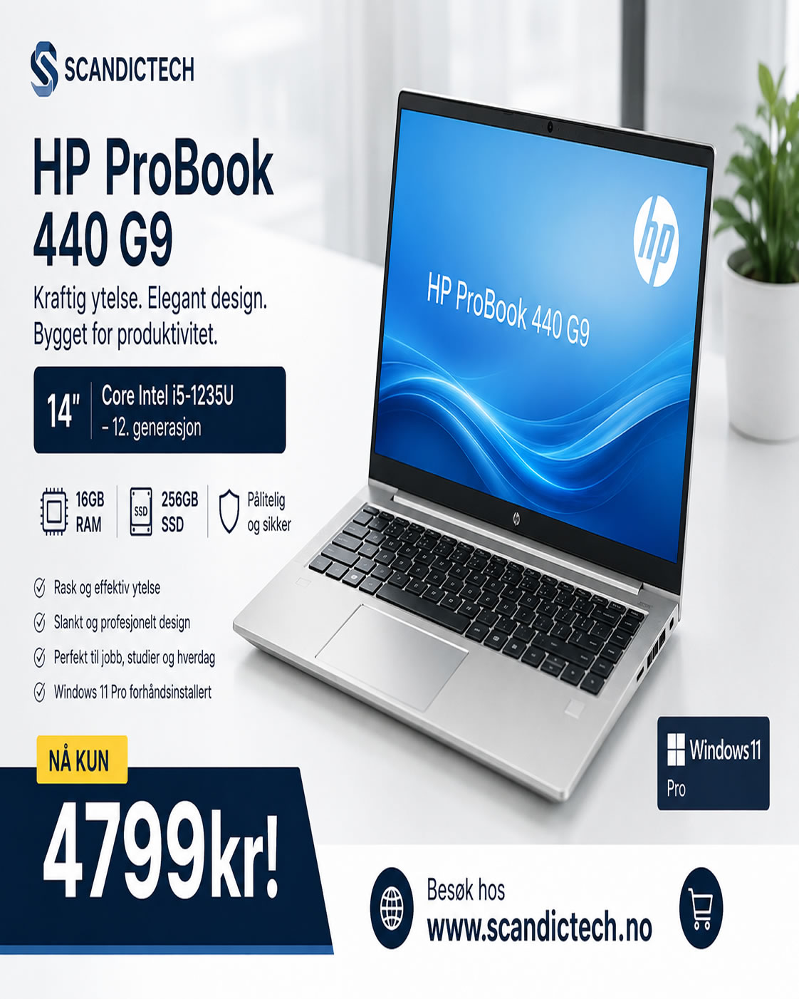 HP ProBook 440 G9 -14 inch Core Intel i5 - 1235U |16GB RAM - 256GB SSD" bærbar PC (sølv)