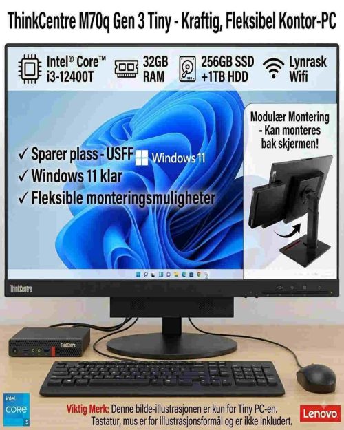 ThinkCentre M70q Gen 3 Tiny (Intel) i5-12400T - 256GB SSD+1TB HDD - 32GB RAM - Wifi