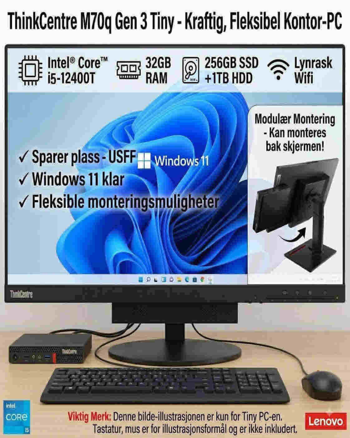 ThinkCentre M70q Gen 3 Tiny (Intel) i5-12400T - 256GB SSD+1TB HDD - 32GB RAM - Wifi