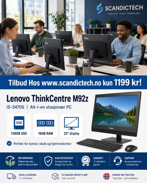 Tilbud! Lenovo ThinkCentre M92z - i5-3470S | Alt-i-en stasjonær PC - 128GB SSD - 16GB RAM (23" display)