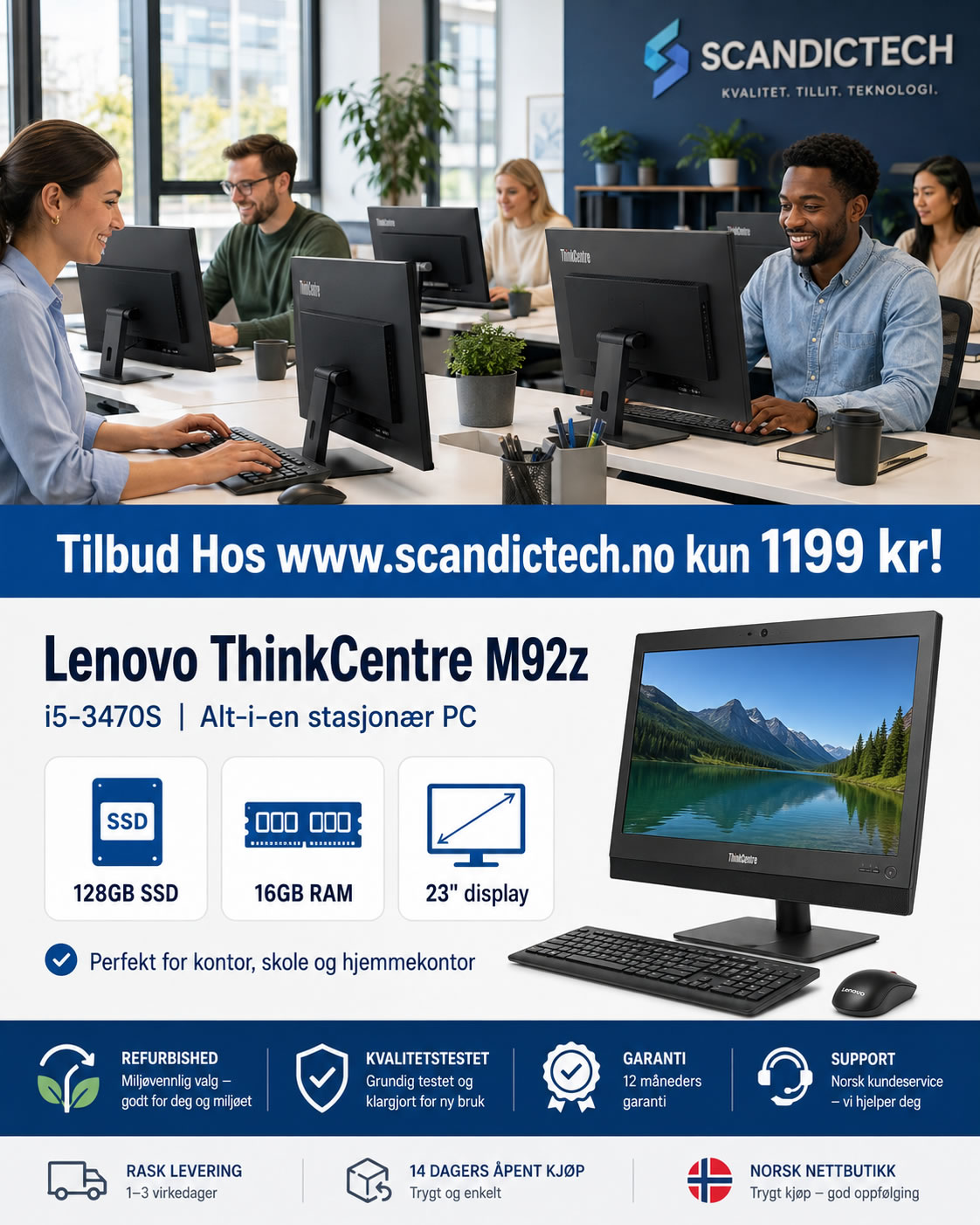 Tilbud! Lenovo ThinkCentre M92z - i5-3470S | Alt-i-en stasjonær PC - 128GB SSD - 16GB RAM (23" display)