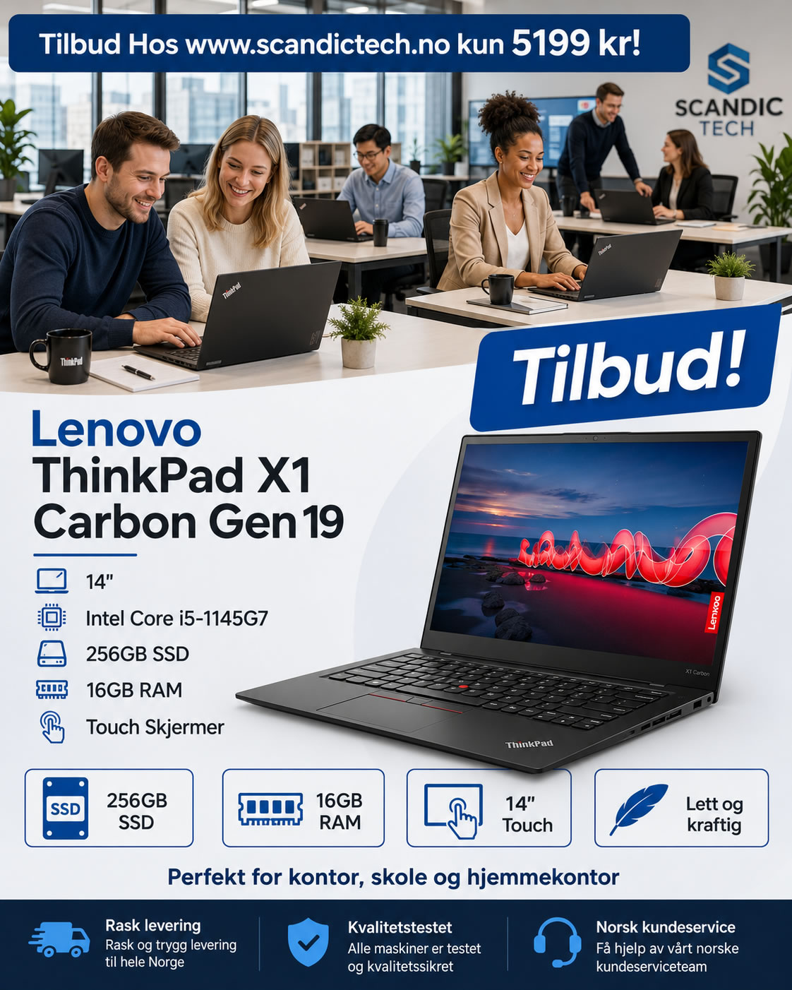 Lenovo ThinkPad X1 Carbon Gen 19 - 14 - Intel EVO i5-1145G7 | 256GB SSD - 16GB RAM Touch Skjermer