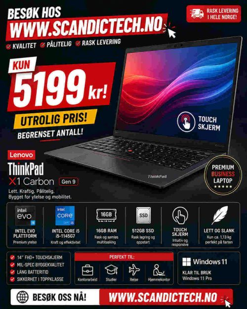 Lenovo ThinkPad X1 Carbon Gen 9 - 14 - Intel EVO i5-1145G7 | 256GB SSD - 16GB RAM Touch Skjermer