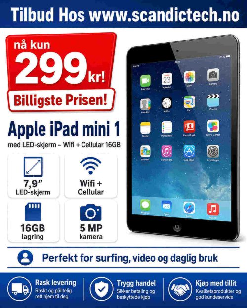 Billigste Prisen! Apple iPad mini 1 med LED-skjerm – Wifi + Cellular 16GB