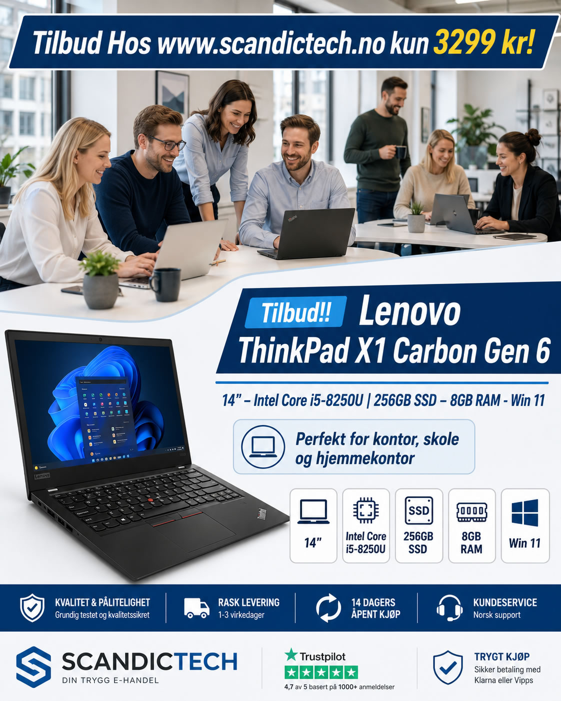 Tilbud!! Lenovo ThinkPad X1 Carbon Gen 6 – 14 – Intel Core i5-8250U | 256GB SSD – 8GB RAM - Win 11