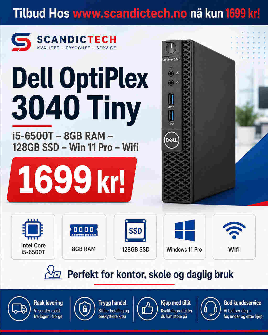 Dell OptiPlex 3040 Tiny i5-6500T – 8GB RAM – 128GB SSD – Win 11 – Wifi