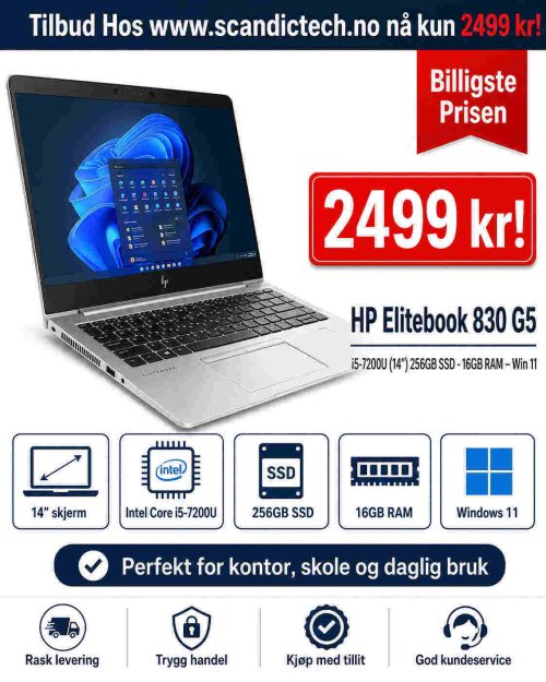 Billigste! HP Elitebook 830 G5 - i5-7200U (14″) 256GB SSD -16GB RAM – Win 11
