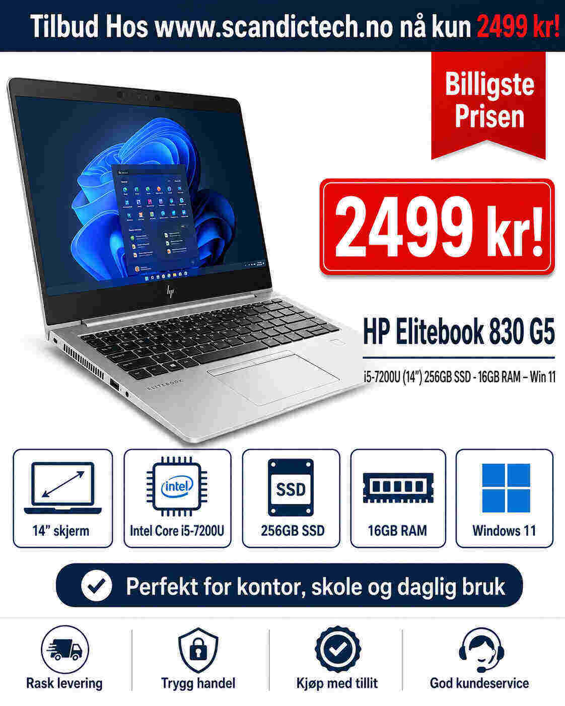 Billigste! HP Elitebook 830 G5 - i5-7200U (14″) 256GB SSD -16GB RAM – Win 11