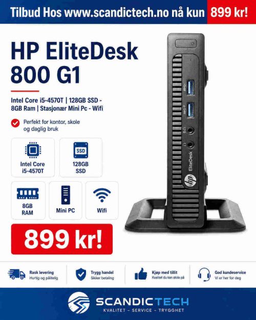 HP EliteDesk 800 G1 Intel Core i5-4570T | 128GB SSD - 8GB Ram | Stasjonær Mini Pc - Wifi