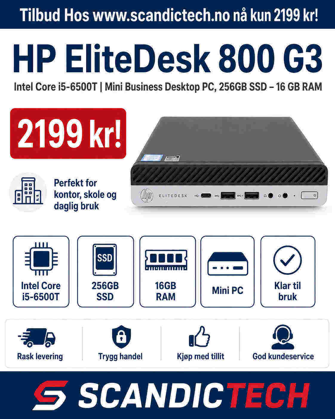 HP EliteDesk 800 G3 - Intel Core i5-6500T | Mini Business Desktop PC, 256GB SSD – 16 GB RAM