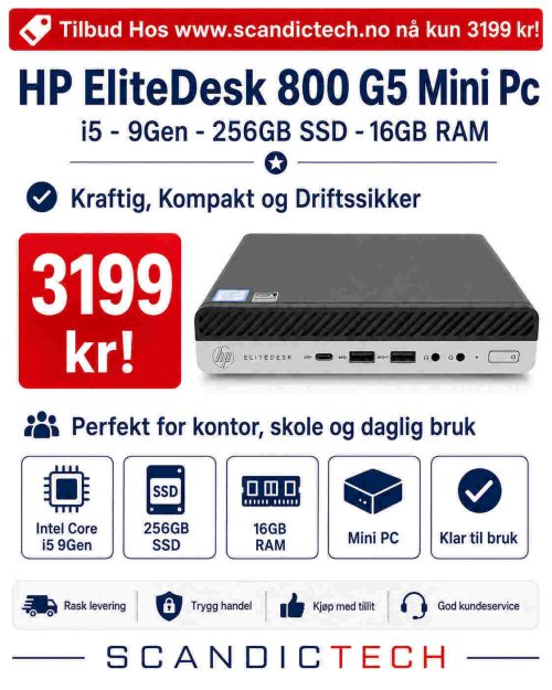 HP EliteDesk 800 G5 Mini Pc i5 - 9Gen -256SSD - 16GB RAM -Kraftig Kompakt og Driftssikker