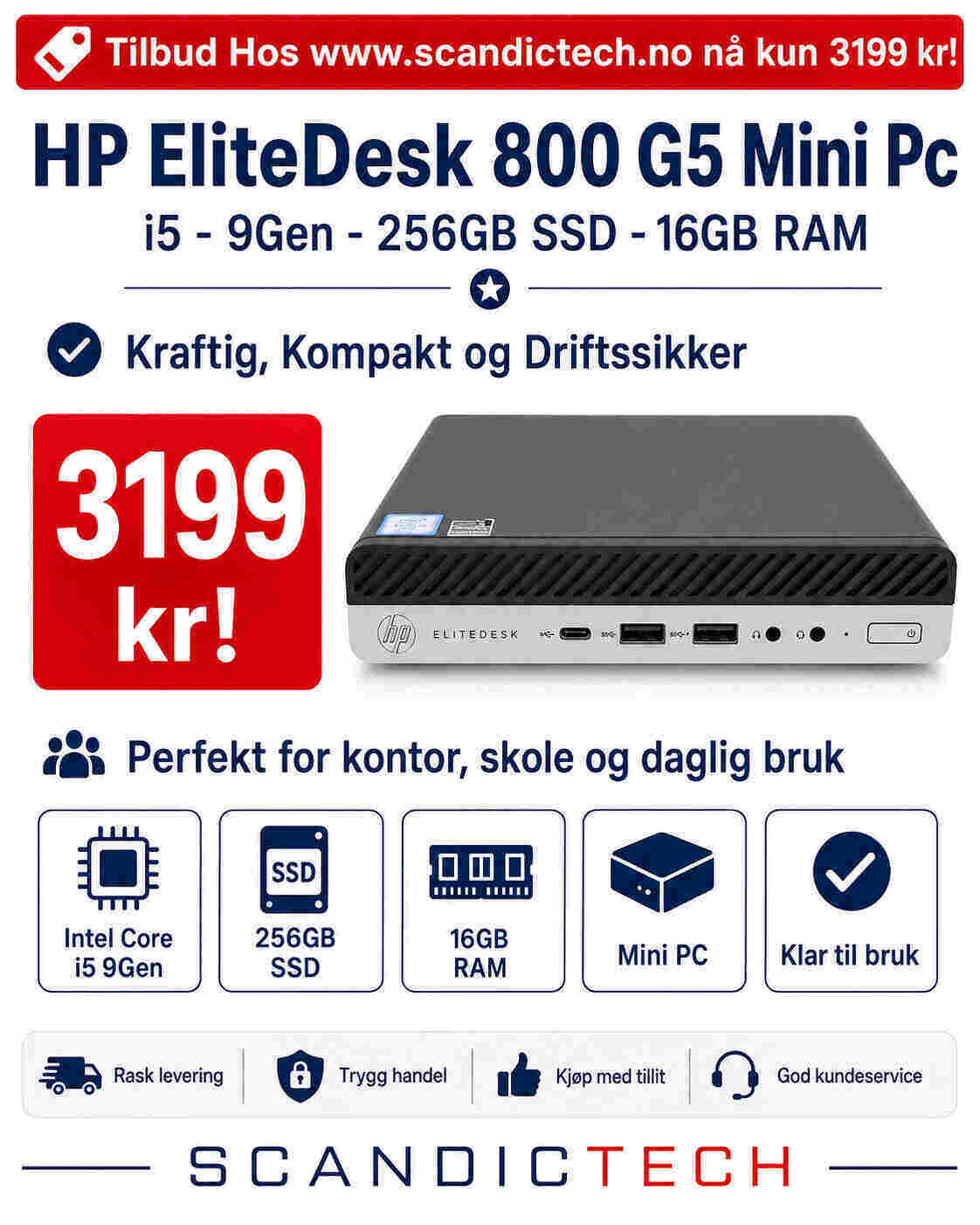 HP EliteDesk 800 G5 Mini Pc i5 - 9Gen -256SSD - 16GB RAM -Kraftig Kompakt og Driftssikker