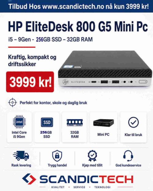 HP EliteDesk 800 G5 Mini Pc i5 – 9Gen - 256GB SSD – 32GB RAM -Kraftig Kompakt og Driftssikker