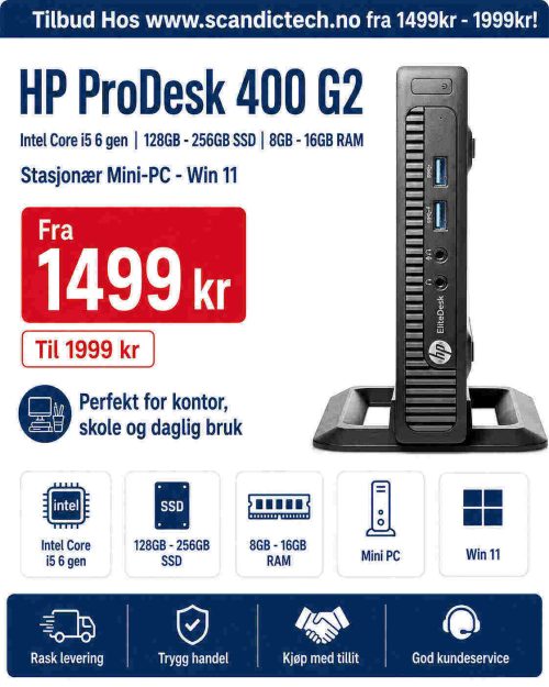 HP ProDesk 400 G2 Intel Core i5-6 gen | 128GB - 256GB SSD - 8GB -16GB RAM Stasjonær Mini-PC - Win 11