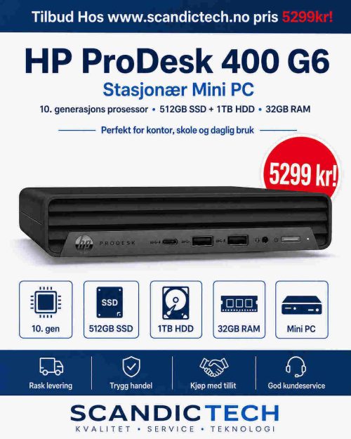HP ProDesk 400 G6 Stasjonær Mini PC er utstyrt med en rask 10. generasjons - 512GB SSD+1TB HDD - 32GB RAM
