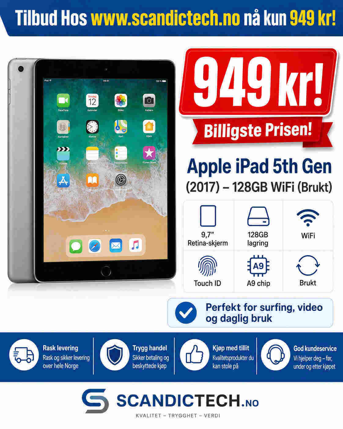 Apple iPad 5th Gen 10.2″ (2017) – 128GB WiFi (Brukt)