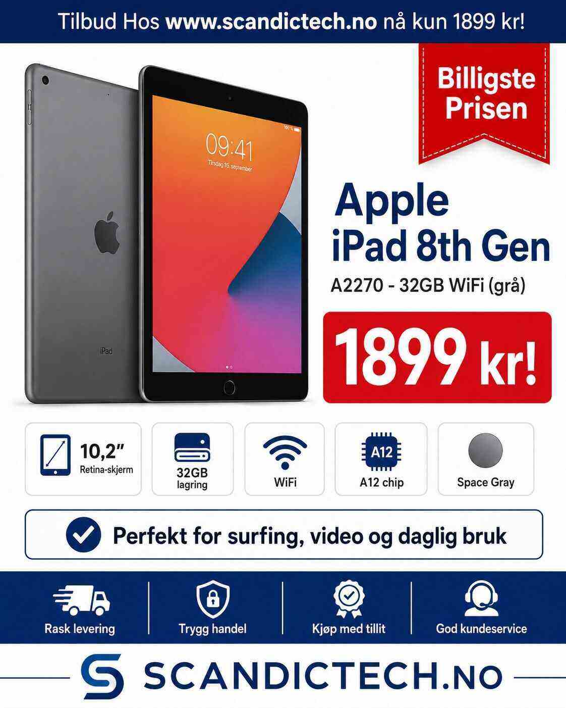 Billigste Prisen for Apple iPad 8th Gen A2270 - 32GB WiFi (grå)