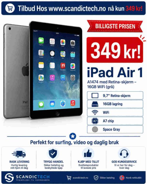 Billigste Prisen for iPad Air 1 – A1474 med Retina-skjerm – 16GB WiFi (grå)