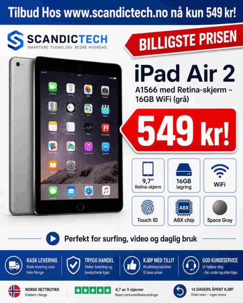 Billigste Prisen for iPad Air 2 – A1566 med Retina-skjerm – 16GB WiFi (grå)