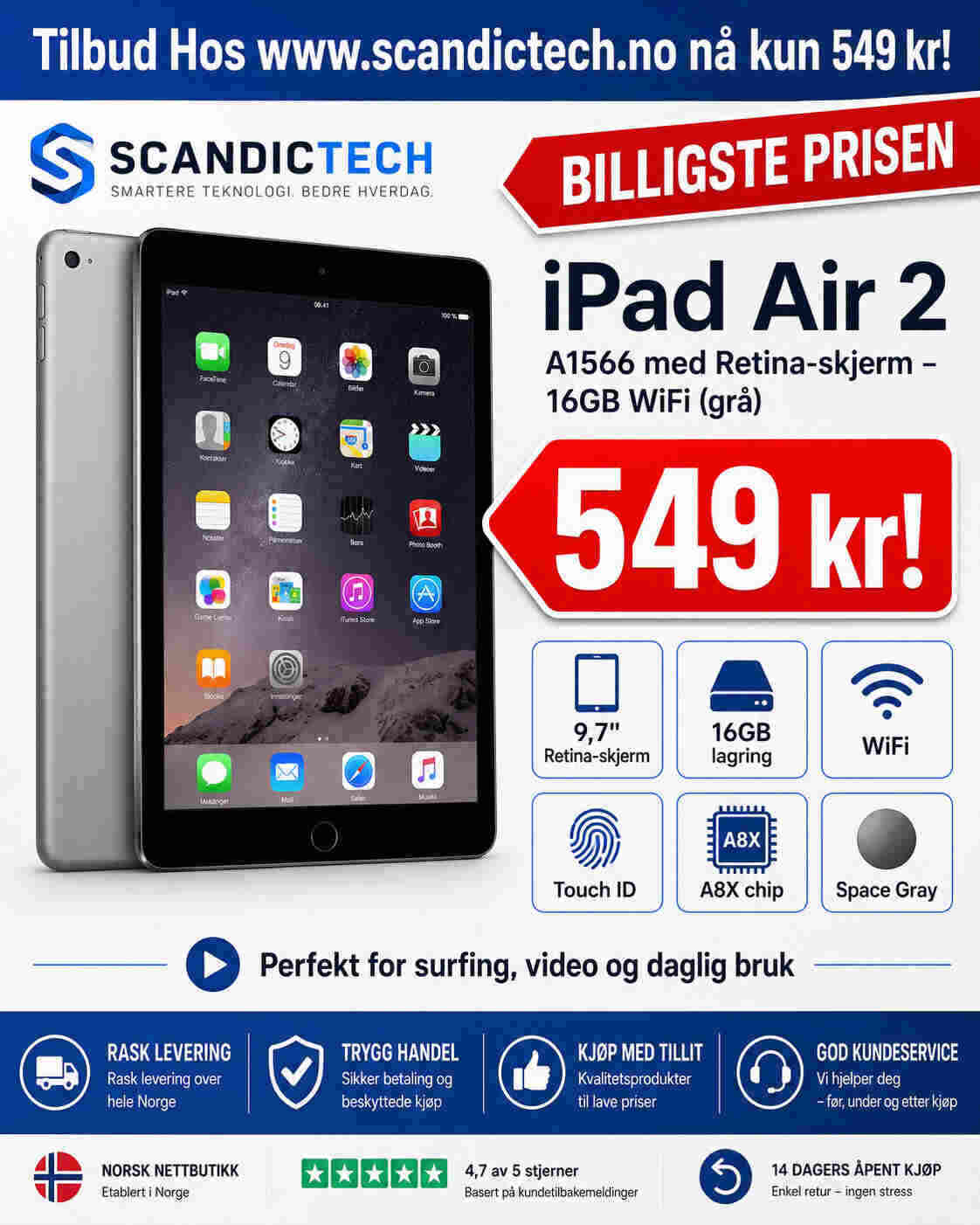 Billigste Prisen for iPad Air 2 – A1566 med Retina-skjerm – 16GB WiFi (grå)