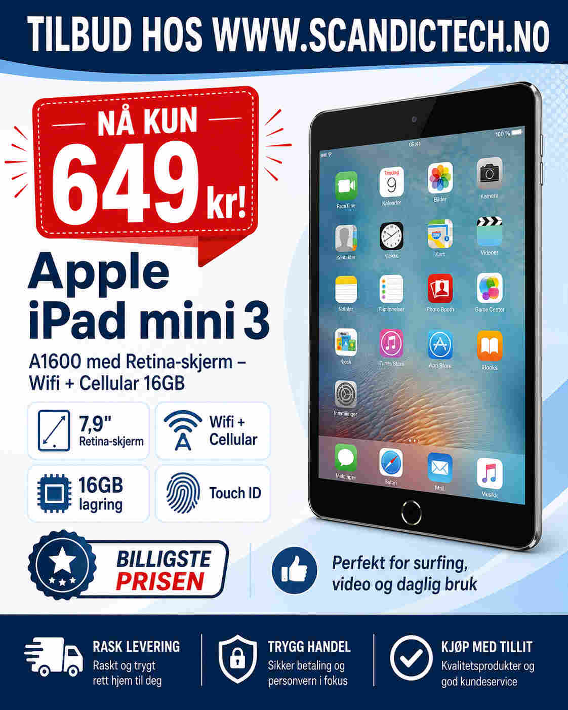 Apple iPad mini 3 - A1600 med Retina-skjerm – Wifi + Cellular 16GB