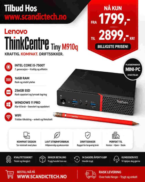 Lenovo ThinkCentre Tiny M910q i5-7500T - 16GB RAM - 256GB SSD - Win 11 Pro - Wifi