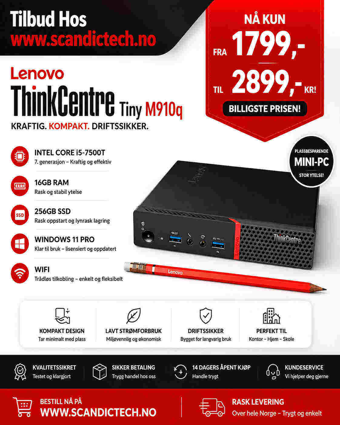 Lenovo ThinkCentre Tiny M910q i5-7500T - 16GB RAM - 256GB SSD - Win 11 - Wifi