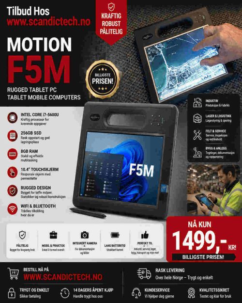 Tilbud! Motion F5TE – i7-5600U – 256GB – 8GB | Rugged Tablet PC | Tablet Mobile Computers (Grade B)