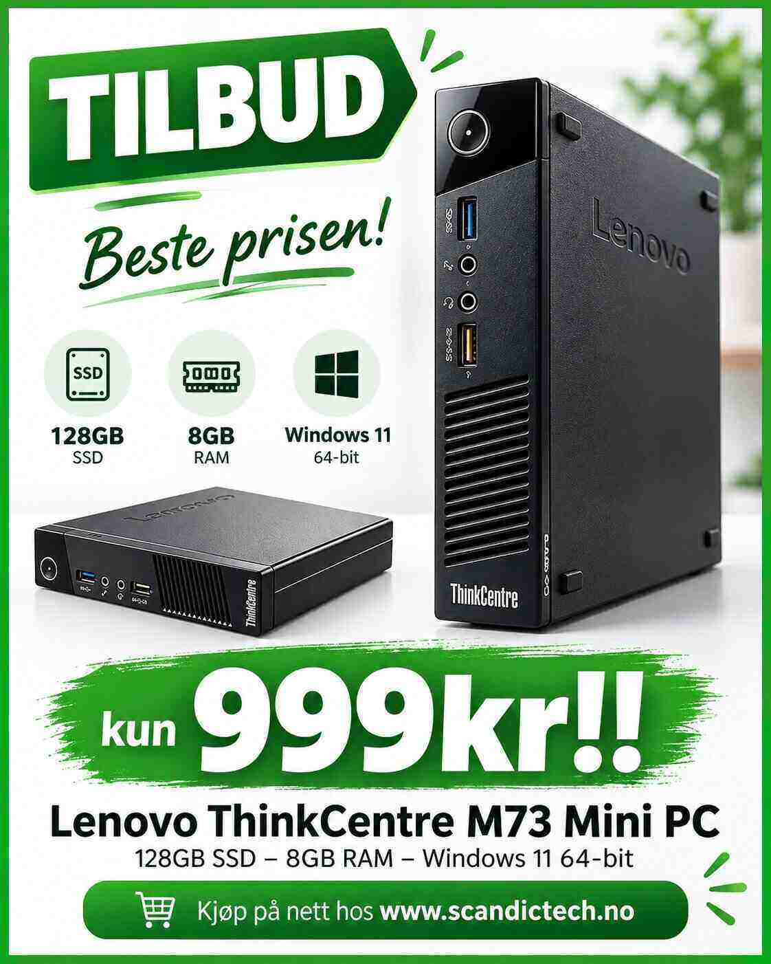 Beste prisen! Lenovo ThinkCentre M73 Mini PC - 128GB SSD – 8GB RAM – Windows 11 64-bit.