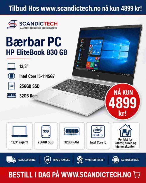 Bærbar PC – HP EliteBook 830 G8 13,3″ i5 -1145G7 – 256GB SSD – 32GB Ram