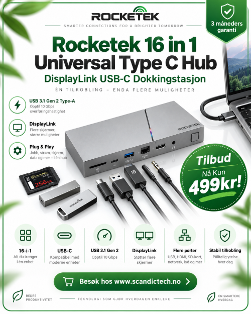For Rocketek 16 in 1 Universal Type C Hub Laptop USB 3.1 Gen 2 Type a DisplayLink USB-C Dokkingstasjon