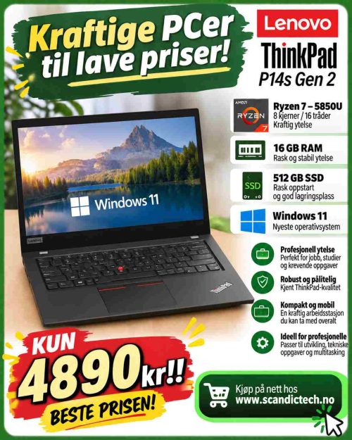 Kraftige PCer til lave priser! Lenovo ThinkPad P14s Gen 2 ″ Ryzen 7 – 5850UU – 512GB SSD – 16GB Ram – Win 11