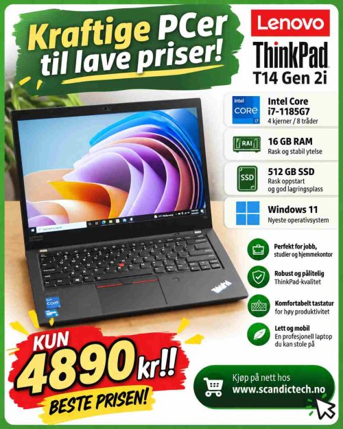 Beste prisen! Lenovo ThinkPad T14 Gen 2i - i7-1185G7 | 512GB SSD – 16GB RAM – Win 11