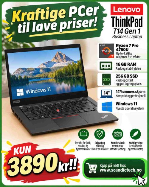 Lenovo Thinkpad T14 Gen 1 Business Laptop Ryzen 7 Pro 4750U - Up to 4.2Ghz, 16GB RAM – 256GB SSD, 14-Inch, Windows 11