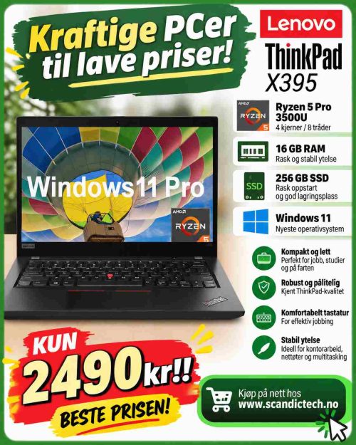 Beste prisen! Lenovo ThinkPad X395 - Ryzen 5 Pro 3500U | 256GB SSD – 16GB RAM – Win 11