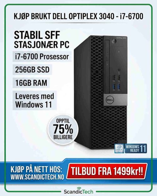 Kjøp brukt Dell OptiPlex 3040 - i7-6700 Stabil SFF Stasjonær PC | 256GB SSD - 16GB RAM – Opptil 75% billigere - Win 11