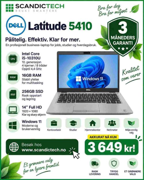 Dell Latitude 5410 Intel Core i5-10310U 14-inch  | 256GB SSD - 16GB RAM " Bærbar PC - Win 11