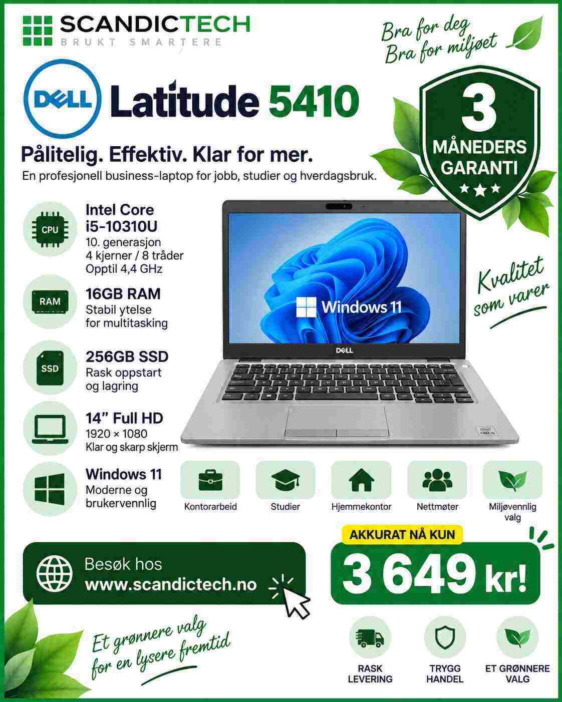 Dell Latitude 5410 Intel Core i5-10310U 14-inch  | 256GB SSD - 16GB RAM " Bærbar PC - Win 11