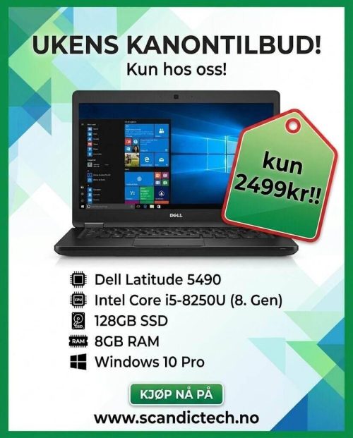 Tilbud!! Dell Latitude 5490 - Intel Core i5 - 8250U - 128GB SSD - 8GB RAM - 8. generasjon - Win 11
