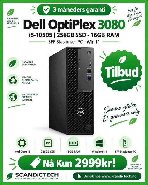Dell Optiplex 3080 i5-10505 | 256GB SSD - 16GB RAM - SFF Stasjonær PC - Win 11